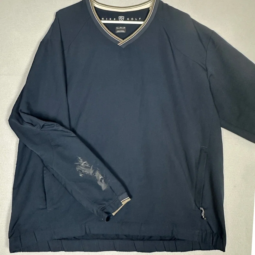 Nike Golf Jacket Mens XL Navy Blue V-Neck Windbreaker Pullover Swoosh Zip Pocket
